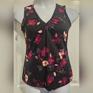 New York & Company Black & Pink Floral V-neck Sleeveless Top